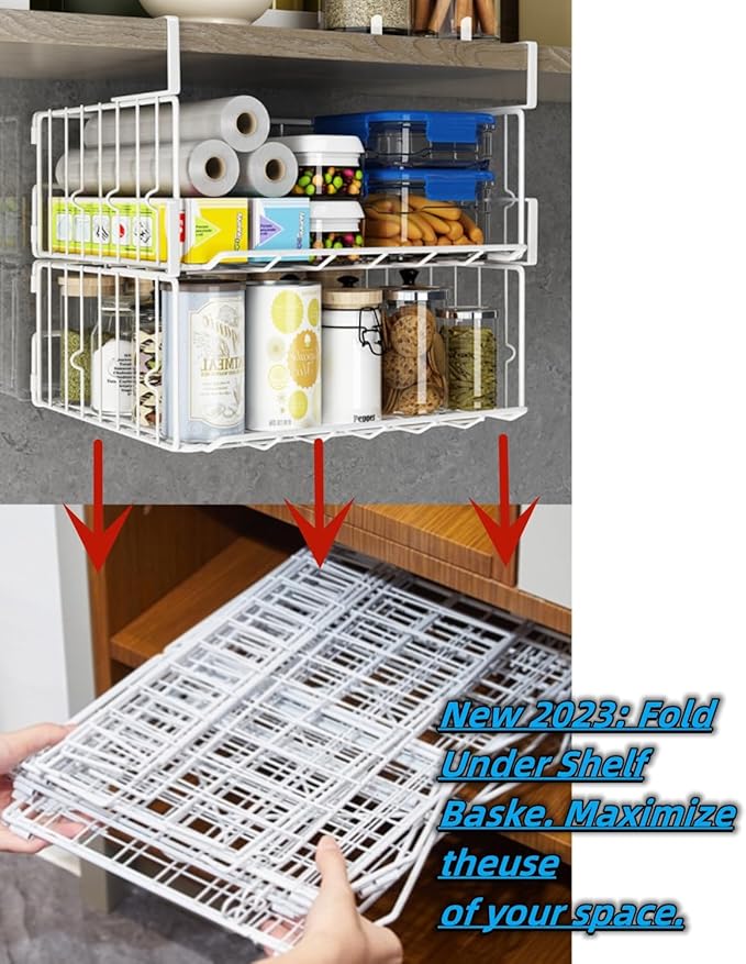 Under Shelf Basket Storage 2Pack - 12.6in Metal Under Cabinet Shelf, Hanging Wire Basket Shelves, Undershelf Storage Basket for Kitchen Pantry Bookshelf