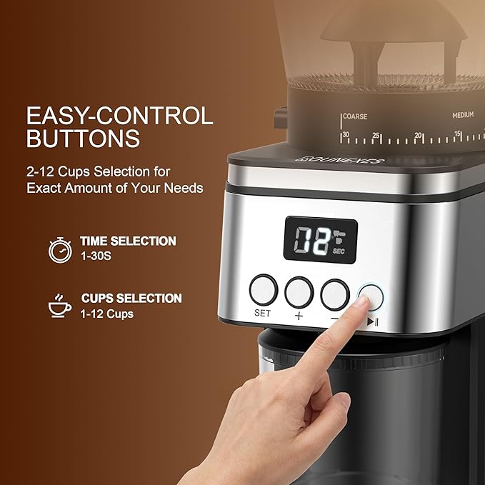 Conical Burr Coffee Grinder Electric,Stainless Steel Coffee Grinder for Home, Adjustable Burr Grinder with 30 Grind Settings, Digital Timer & 2-12 Cup Control, Removable Sealed Hopper, Easy Clean