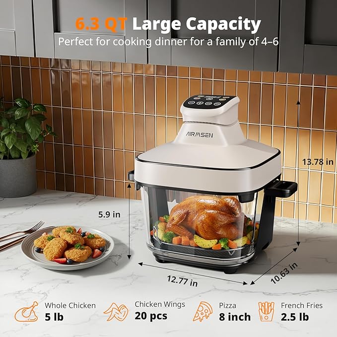 AIRMSEN 6.3 QT Glass Air Fryer Non-Toxic, 4 Presets & Manual Control, 105–400℉ Precise Heat, 95% Less Oil, Auto-Pause & Resume, Microwave & Dishwasher Safe Glass Container for Family Meals