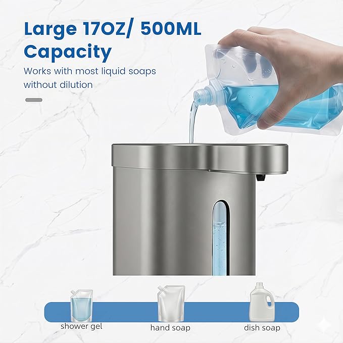 Touchless Automatic Soap Dispenser, 17 oz / 500ml Type-C Rechargeable Countertop Liquid Hand Soap Dispenser for Kitchen and Bathroom, Stainless Steel, Silver