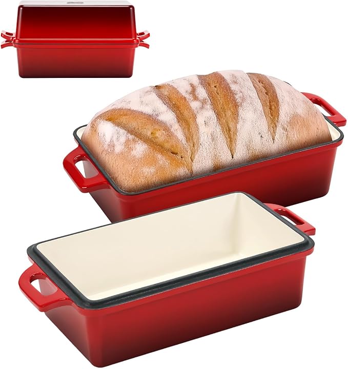 Northriver Casting 9x5 Inch Enameled Cast Iron Bread Loaf Pan with Lid, Perfect Sourdough Baking Pans | Even Heat Distribution for Homemade Bread, Cake, Meatloaf，2 Piece set，Red