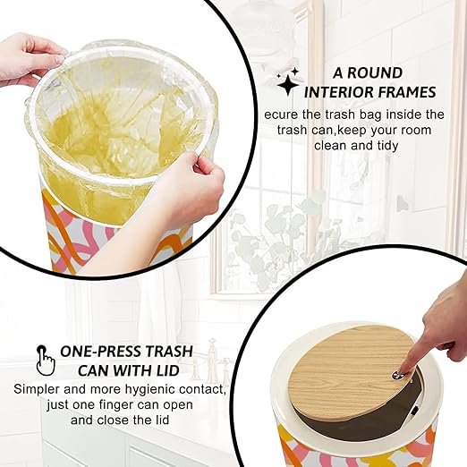 Trash Can with Lid Retro 60s Style Rainbow Seamless Pastel Color Stripes Pink Wave Press Top Round Small Garbage Bin with Wooden Legs Waste Basket for Kitchen Bedroom Nursery 7L/1.8 Gallon