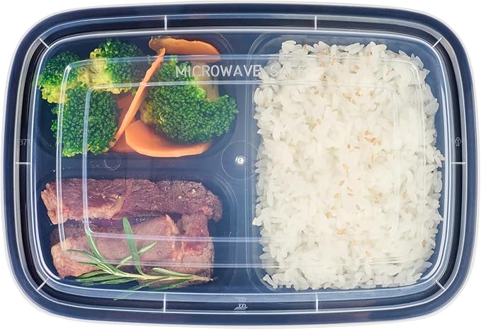 Restaurantware-Asporto 26 Ounce Compartment Take Out Boxes, 50 Microwavable Meal Prep Containers - 3 Compartments, With Clear Plastic Lids, Black Plastic Food Containers, Do Not Contain BPA