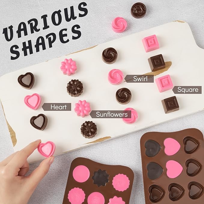 Puyeipt 4 Pcs Silicone Chocolate Molds, Non-Stick Candy Molds for Making Bite Size Chocolates, Candies, Truffles, Gummies, Jelly (Heart, Sunflower, Rose, Square, Swirl Shaped)