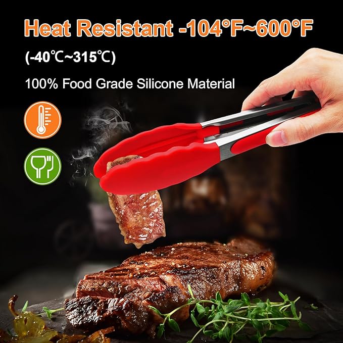 Premium Stainless Steel Heat Resistant Kitchen Tongs for cooking,set of 9" and 12" (Red),Non Scratch Silicone cooking Tong Tip for Cooking Pans,Strong Grip BBQ tongs for Grabbing Hot Food