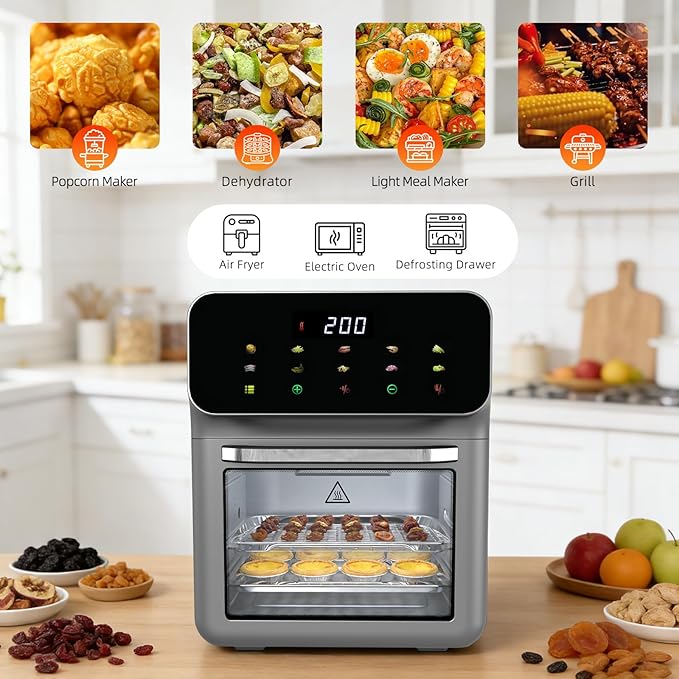 10 IN 1 Air Fryer Oven Combo, Countertop Convection Airfryer, Oven with Toaster Clear View Window for Family, 60-Minute Timer, Digital LED Touchscreen, Automatic Shut-Off, Stainless Steel