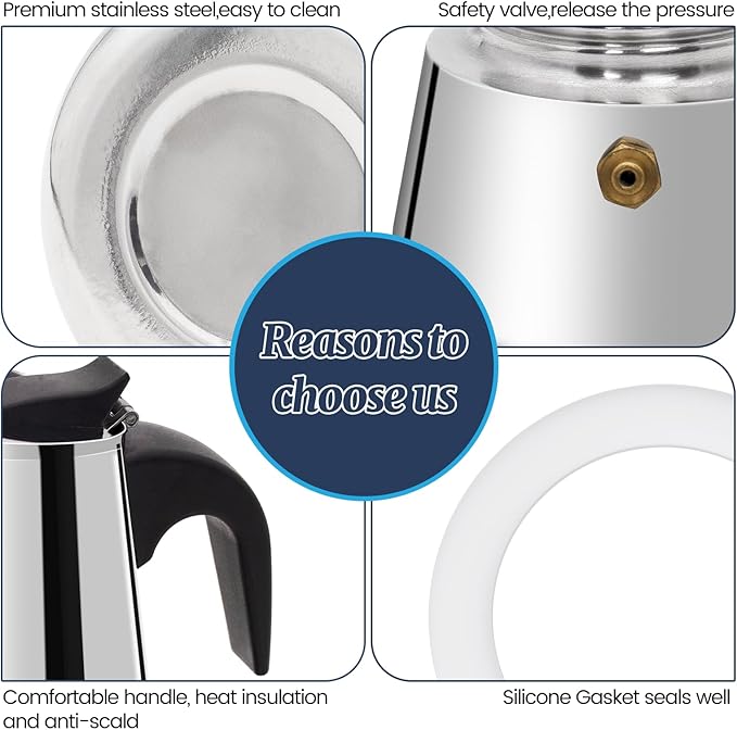 12 Cup Moka Pot Stainless Steel 600ml Italian Espresso Coffee Maker Stovetop CoffeeMakers Mocha Pot Percolator for Induction Stove Classic Cafe Makers Portable for Easy Brewing Tummy