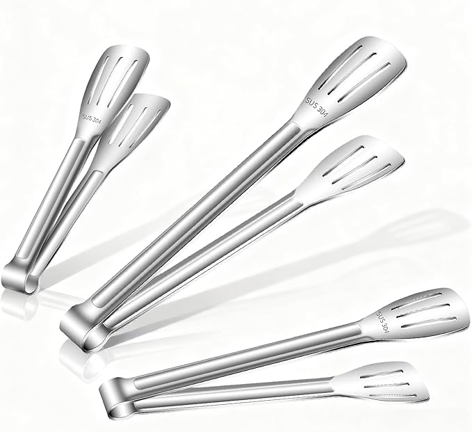 Stainless Steel Kitchen Tong Set - Anti-Slip Heat-Resistant Grip, Widened 3-Line Slotted Heads for Easy Clamping (Steaks, BBQ, Pasta, Salads), Easy Clean for Versatile Use Set of 3-6" 9" 11", Silver