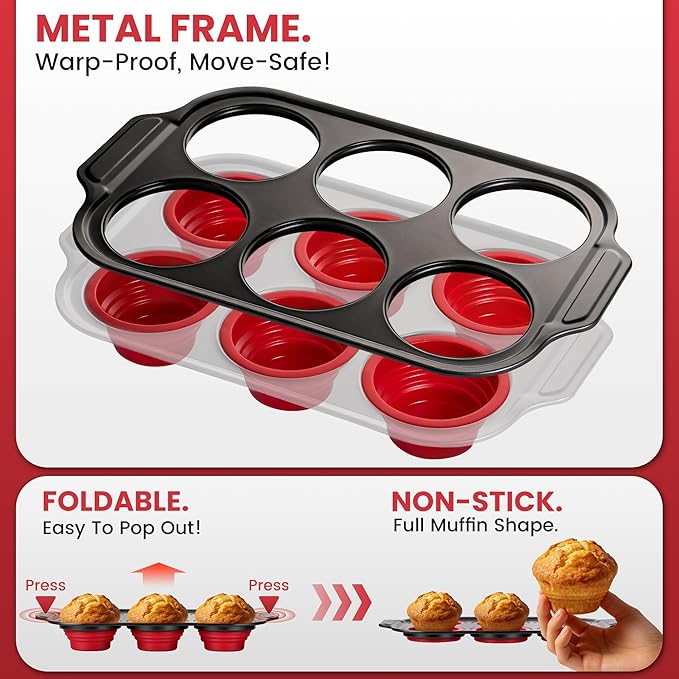Silicone Muffin Pan for Baking with Metal Reinforced Frame - 6 Cups Regular Size Cupcake Pan Muffin Tins Egg Bite Molds - Nonstick, Easy to Pop, Bakeware for Oven, BPA Free (6-Cups Red)