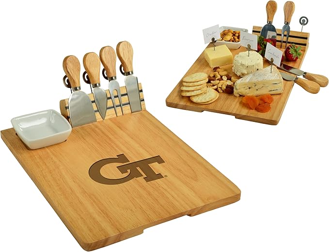 NCAA Georgia Tech Officially Licensed Yellow Jackets Bamboo Cheese/Charcuterie Board with Ceramic Bowl, Knife Set & cheese Markers