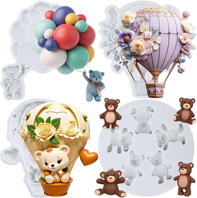 Bear Silicone Mold Hot Air Balloon Fondant Molds Bear Balloon Chocolate Candy Mold For Cake Decoration Cupcake Topper Polymer Clay Gum Paste Set of 4