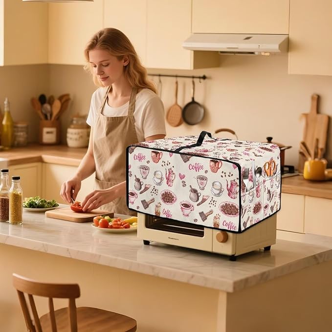 Toaster Oven Dust Cover Dustproof Stylish Convection Microwave Ovens Cover Stain-resistant Small Countertop Appliance Protector, L, Coffee Mocha Pot Beige Pink