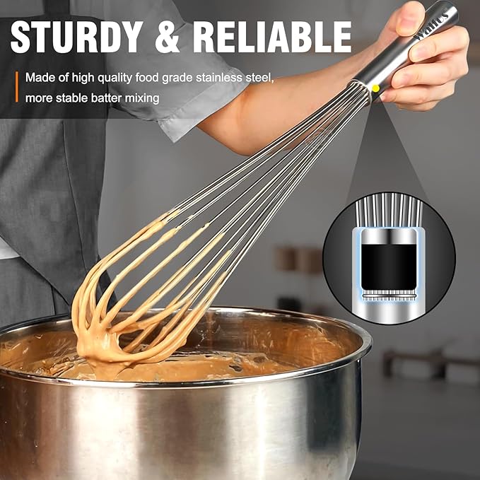 Walfos Whisks Large Whisk Set of 2, Heavy Duty Stainless Steel Wire Whisk Ideal For Beating Eggs, Mixing Batter & Blending Sauces.（13in+17in)