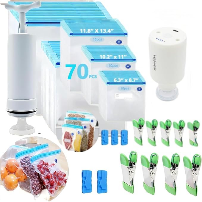 MOMODA Sous Vide Cooking Bags Bundle – 70 Reusable Vacuum Sealer Bags in 5 Sizes with Manual and Automatic Pumps, Plus Cooking Clips and Zipper Clips for Efficient Sous Vide Cooking and Food Storage