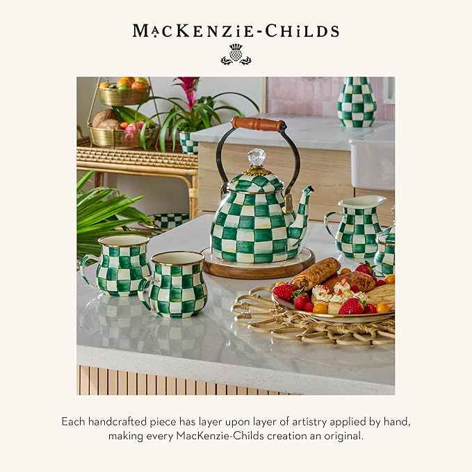 MACKENZIE-CHILDS Enamel Salt and Pepper Shakers, Kitchen Table Spice Shaker Set, Green-and-White Emerald Check, Large