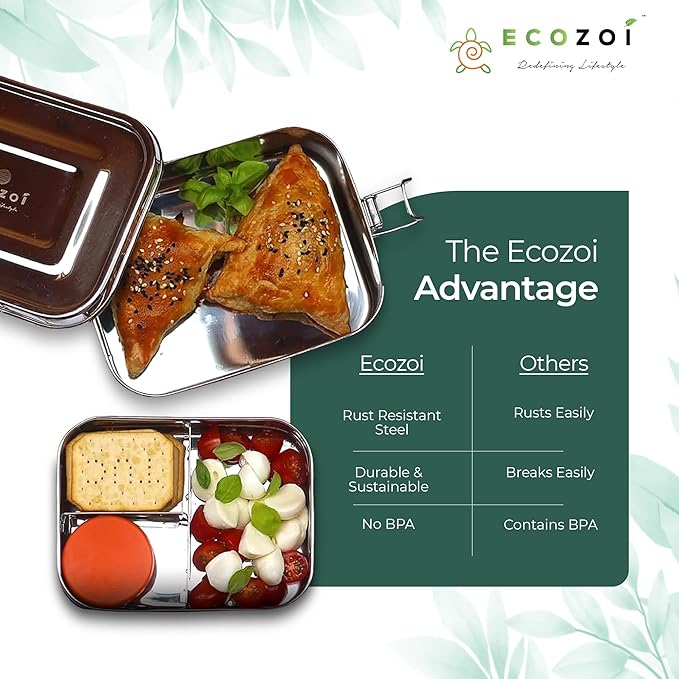 ecozoi Stainless Steel Lunch Box – 2 Tier Bento Box with Bonus Pod & 3 Compartments – Leak Proof Stainless Steel Lunch Box – Plastic Free, Eco Friendly, Dishwasher Safe, 60 oz