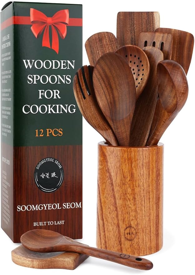 Natural Teak Wood Kitchen Utensil Set - 12 Piece Cooking Spoons & Spatulas with Large Spoon Holder & Rest, Non-Stick Heat Resistant Wooden Tools, Food-Safe Eco-Friendly Organizer