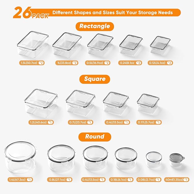 52 Pcs Food Storage Containers with Lids Airtight (26 Containers & 26 Lids) - Leakproof Meal-Prep Container for Kitchen Storage and Organization, Stackable Plastic Food Containers with Labels & Pen