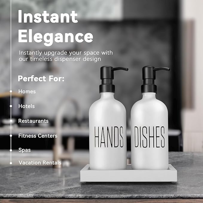 White Glass Hand Soap Dispenser and Dish Soap Dispenser for Kitchen| Kitchen Soap Dispenser Set |Black Soap Pumps Dispenser Set| Perfect for Luxury Kitchen Counter Décor