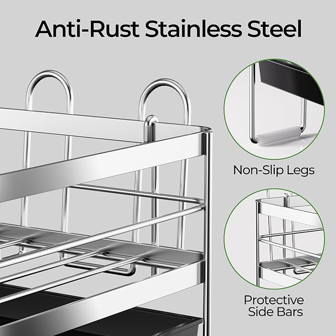 Large Dish Drying Rack, Expandable Dish Rack, Stainless Steel Anti-Rust Dish Racks for Kitchen Counter, Multifunctional Dish Drainer with Utensil Holder & Cup Holder, 13.4"-28.7" L x 11.8" W
