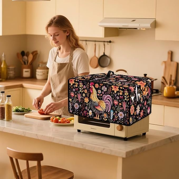 Microwave Oven Cover Air Fryer Toaster Oven Dust Cover with Accessory Pockets, Stain-resistant Small Electric Appliance Protector for Kitchen, L, Rooster Chicken Floral Black