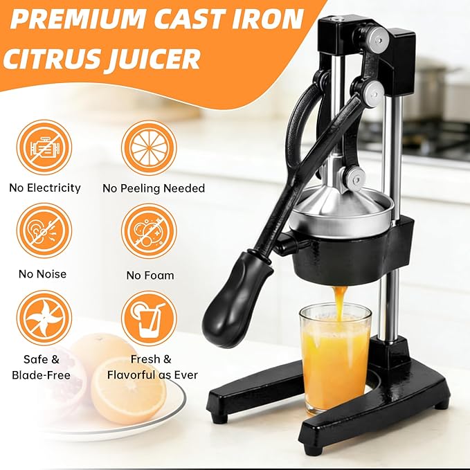 Cast Iron Manual Citrus Juicer, Heavy Duty Hand Press Juicer for Orange, Lemon and Pomegranate, Orange Juicer for Countertop, Commercial Grade for Home Kitchen and Bar, Easy to Use and Clean