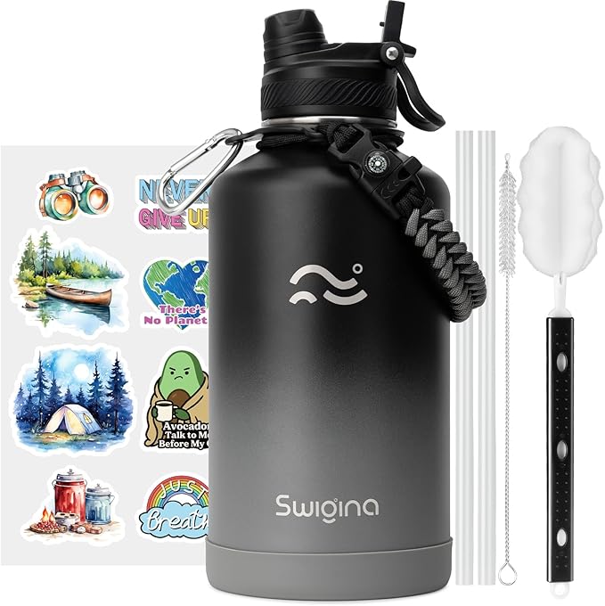 Swigina [2-IN-1 LID] 64 oz Insulated Water Bottle with Silicone Boot (48hrs Cold/24hrs Hot) - DIY Stickers, Leakproof, BPA Free, Half Gallon