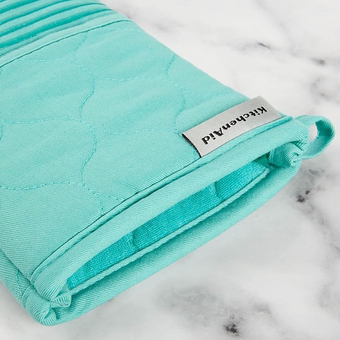 KITCHENAID Quilted Cotton Terry Cloth Oven Mitt, Pot Holder, Kitchen Towel 4-Pack Set, Heat Resistant, Silicone Grip, 16"x26", 7"x13" & 7"x10", Aqua Sky
