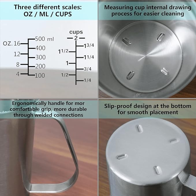 Newness Stainless Steel Measuring Cup, Metal Measuring Cup with Handle (Upgraded, 3 Marking Including Cup/ML/Ounce Scale), 16 Ounces (0.5 Liter, 2 Cup) (Pack of 2)