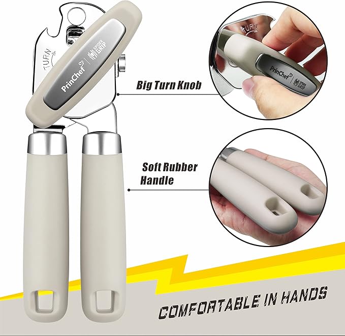 PrinChef Can Opener Manual, Can Tin Bottle Opener with Magnet - No-Trouble-Lid-Lift, Handheld Can Opener Smooth Edge with Sharp Blade, Heavy Duty and Easy to Use, for Seniors with Arthritis, White