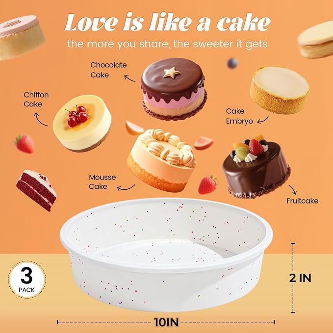 SJ 10 Inch Silicone Round Cake Pan with Metal Reinforced Frame Set of 3, Nonstick Silicone Cake Mold for Baking Suitable for Making Layers, Cheese & Chocolate Cakes
