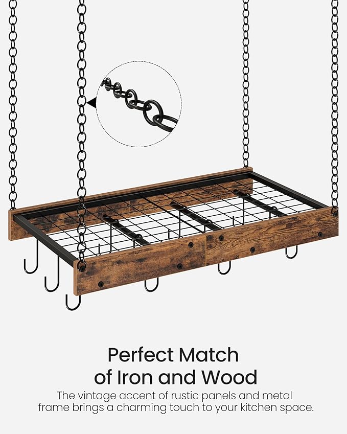 CHOEZON Hanging Pot Rack, Vintage Pot Hangers for Kitchen, Ceiling Mounted Pot Rack, Pot and Pan Hanging Rack with 12 S-Shaped Hooks, for Cookware Storage, Rustic Brown and Black TPR01BF