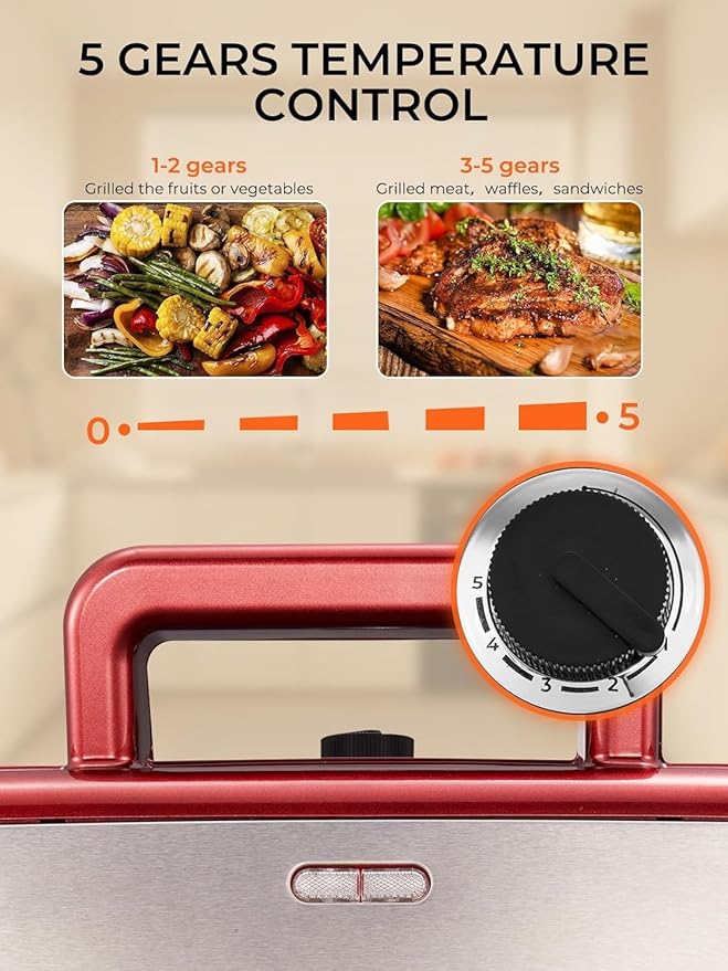 HOUSNAT Sandwich Maker, 3 in 1 Waffle Maker with Removable Plates, 1200W Panini Press with Interchangeable Non-Stick Plates, Indicator Lights, 5-gear Temperature Control (Red)