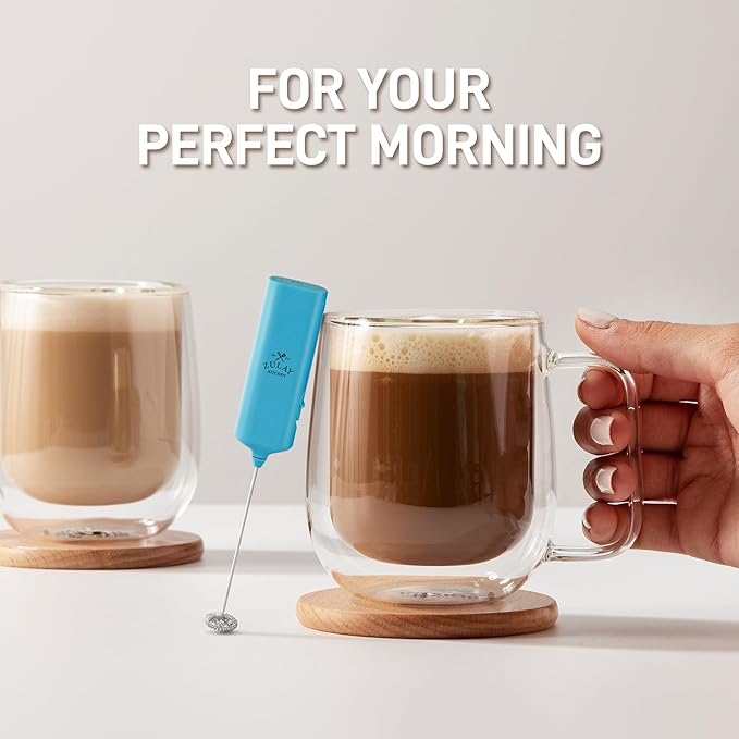 Mini & Mighty Milk Frother Wand – Powerful Handheld Coffee Frother, Battery Operated Drink Mixer – Compact Pocket Size – Detachable Whisk for Latte, Cappuccino, Matcha, Hot Chocolate – Sky Blue