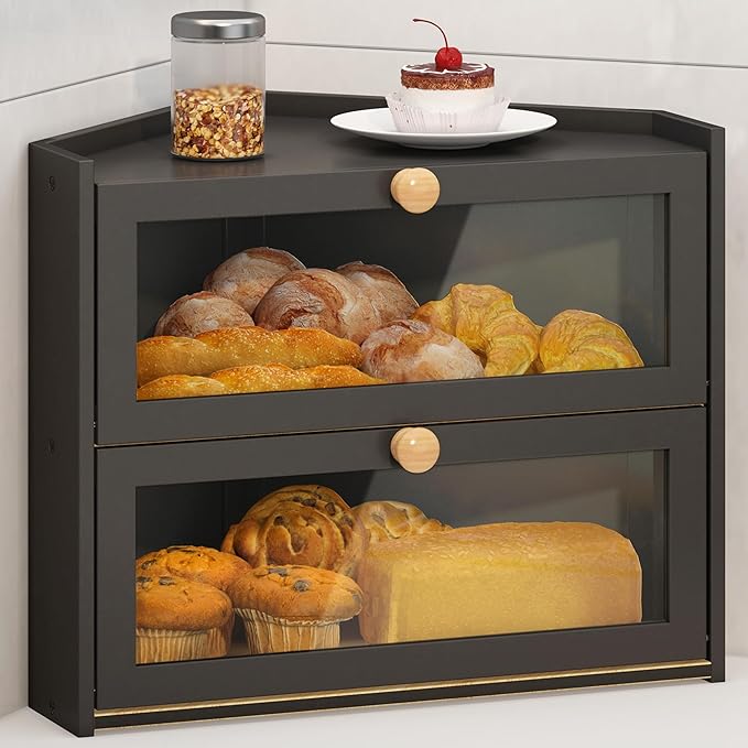 JANSNIMEN Black Corner Bread Box for Kitchen Countertop, Large Bread Container Storage Bamboo Wooden Farmhouse Bread Box with Window Bread Holder