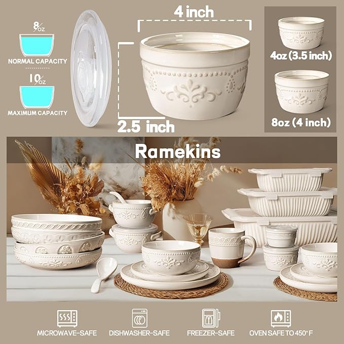 Artena Ramekins with Lids, Creme Brulee Ramekins Oven Safe, Ceramic Pudding Cups, Souffle Cups, Custard Cups, Dipping Sauce Cups, Food Storage Containers with Lids, Set of 4 (Damask Floral, 8 oz)