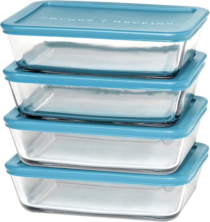 Anchor Hocking SnugFitTM Rectangular Food Storage Containers with Lids (4-Piece, 6-cup, Teal, oven-safe)