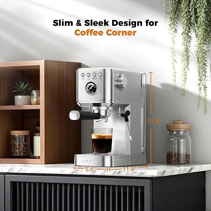 CHULUX Elite Espresso Machine 20 Bar, Compact Stainless Steel Hot and Ice Espresso Coffee Maker with Steam Wand for Americano, Latte, Cappuccino & Home Barista Brewing, Sliver