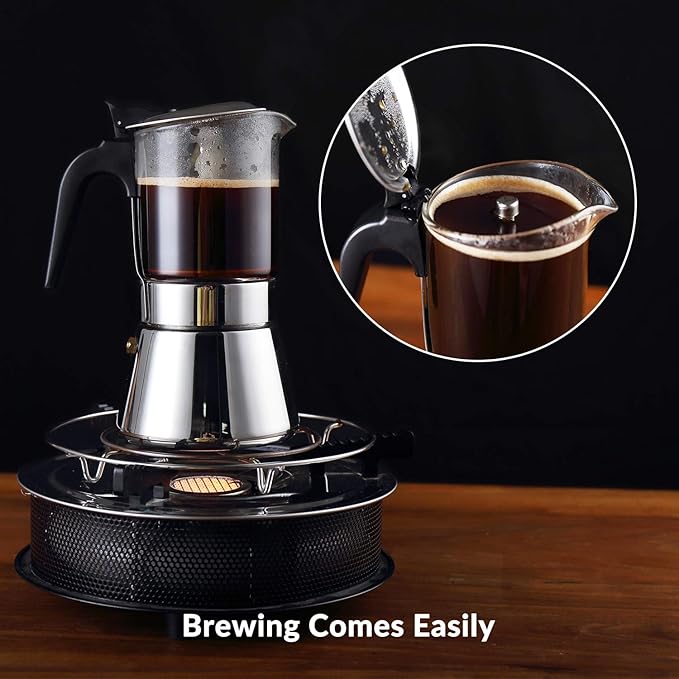 Geesta Premium Crystal Glass-Top Stovetop Espresso Moka Pot - 4/6/ 9 Cups - Stainless Steel Coffee Maker- 240ml/8.5oz/6 cup (espresso cup=40ml)