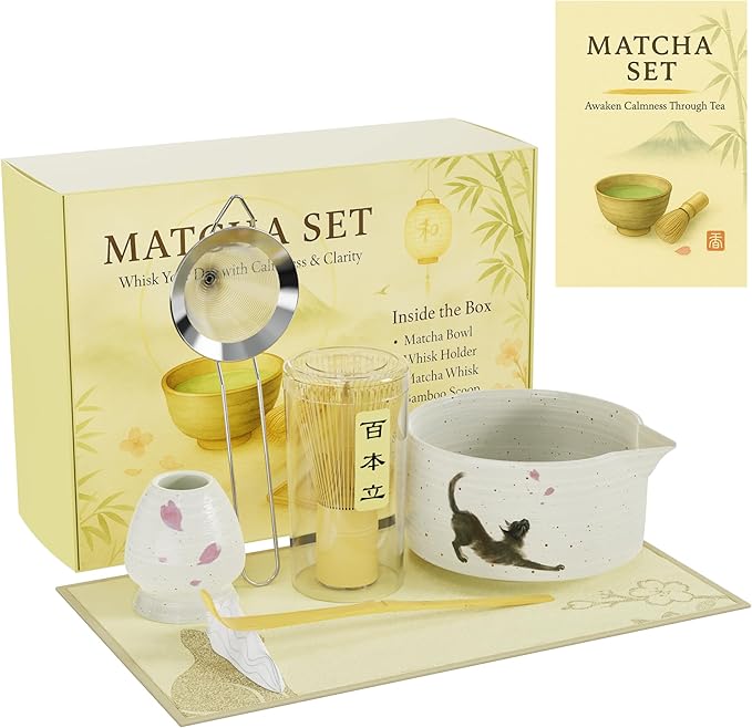 Complete 8-Piece Matcha Set – Japanese Matcha Tea Ceremony Kit with Cat Print Bowl, Bamboo Accessories & Premium matcha tools for Home Tea Rituals, Mindful Gift for Matcha Lovers