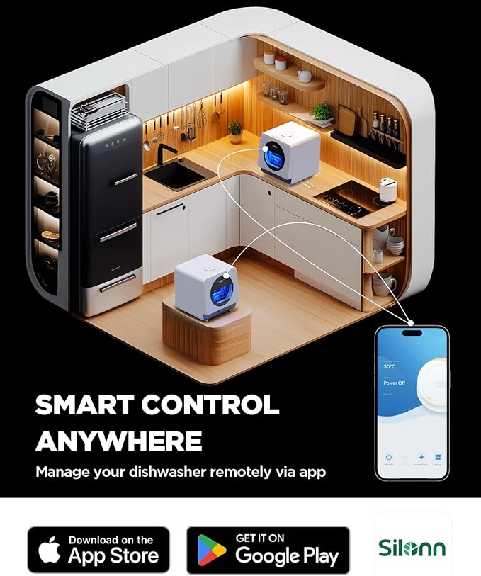 Silonn Portable Countertop Dishwasher | Smart App Control, Triple-Jet Cleaning, Built-In Water Tank & Dual Supply | Compact for Dorm, Apartment, RV