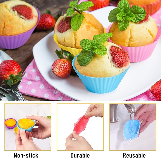 Silicone Cupcake Liners for Baking, 24Pcs Reusable Muffin Cups Greaseproof Muffin Liners Nonstick Baking Molds with Round, Stars, Heart, Flowers Shape for Kids