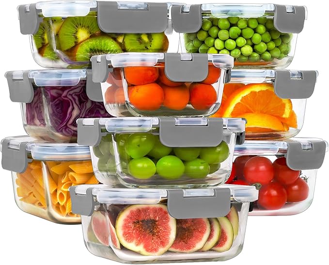 HOMBERKING Glass Food Storage Containers with Lids, [18 Piece] Glass Meal Prep Containers, Airtight Lunch Bento Boxes, BPA-Free & Leak Proof (9 lids & 9 Containers) - Grey