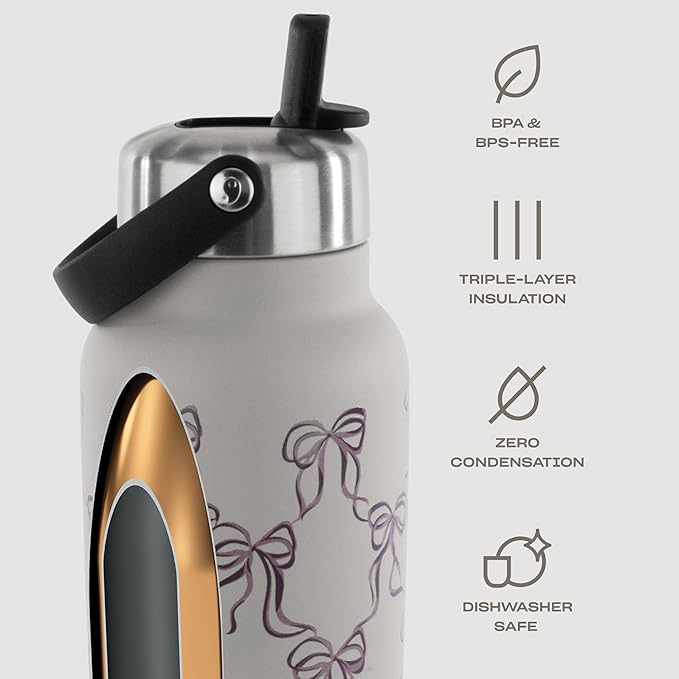 S'well Recycled Stainless Steel Explorer with Flip Straw Lid, 32oz, Limited Edition Lunar Grey Bows, Triple Layered Vacuum Insulated Containers Keeps Drinks Cold for 42 Hours and Hot for 10