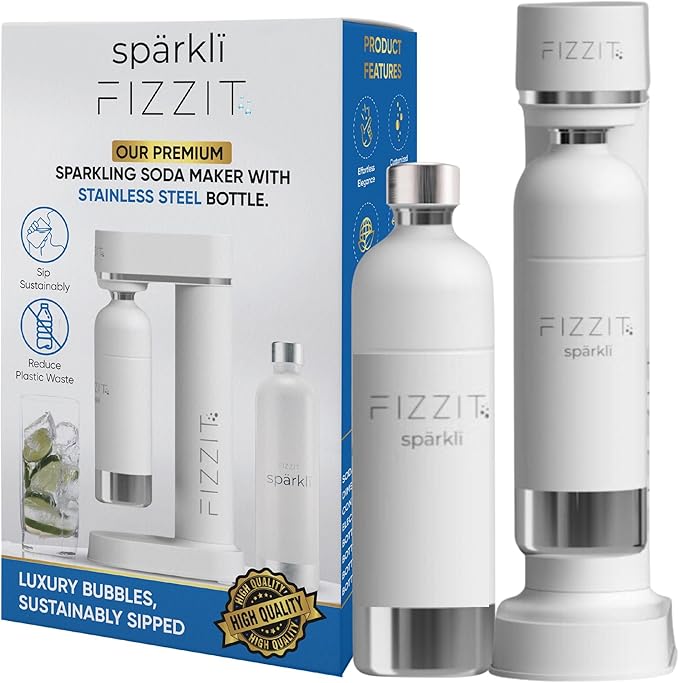 Fizzit Stainless Steel Sparkling Water Maker Bundle | Includes Soda Maker, 2 CO2 Cylinder, & 12-Flavor Variety Pack | Customizable Carbonated Water Machine, Reusable bottle & Eco-Friendly