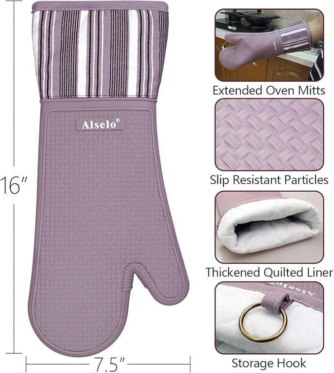 Alselo Silicone Oven Mitts Heat Resistant 550 Degree Extra Long Kitchen Gloves Pot Holders with Waterproof and Non-Silp for Baking Cooking Barbecue Microwave Machine Washable (Extra Long Purple, 2)
