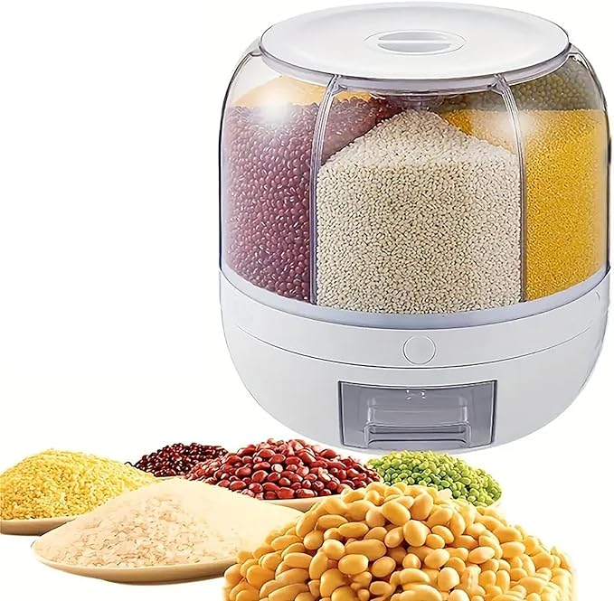 360° Rotating Grain Dispenser, 6-Grid Large Rice Storage Container (13 Lbs), One-Click Output Sealed Food Storage for Rice, Beans, Cereal - Countertop Kitchen Organization