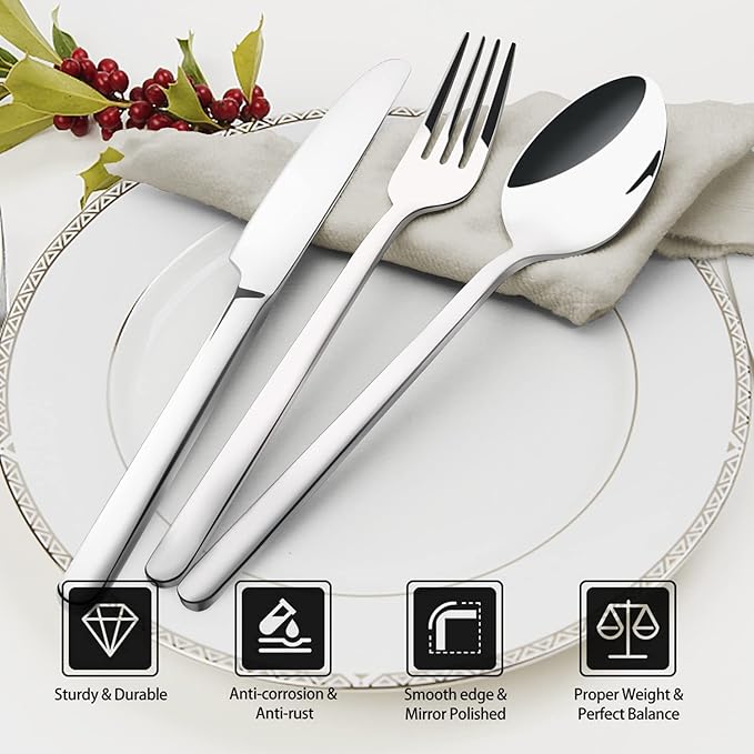 KINGSTONE 30 Pieces Silverware Set, Flatware Cutlery Set for 6, 18/10 Stainless Steel Silverware Utensils Minimalist Design Dishwasher Safe