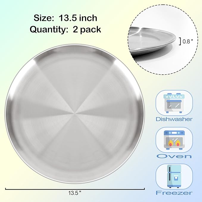 AWTBDP 13½ Inch Pizza Pan for Oven set of 2, Non-Stick Large Round Stainless Steel Pizza Pans plates, Durable Non-Toxic Pizza Steel Tray for Baking Cookie Pie Pizza Cake, Dishwasher Safe & Easy Clean