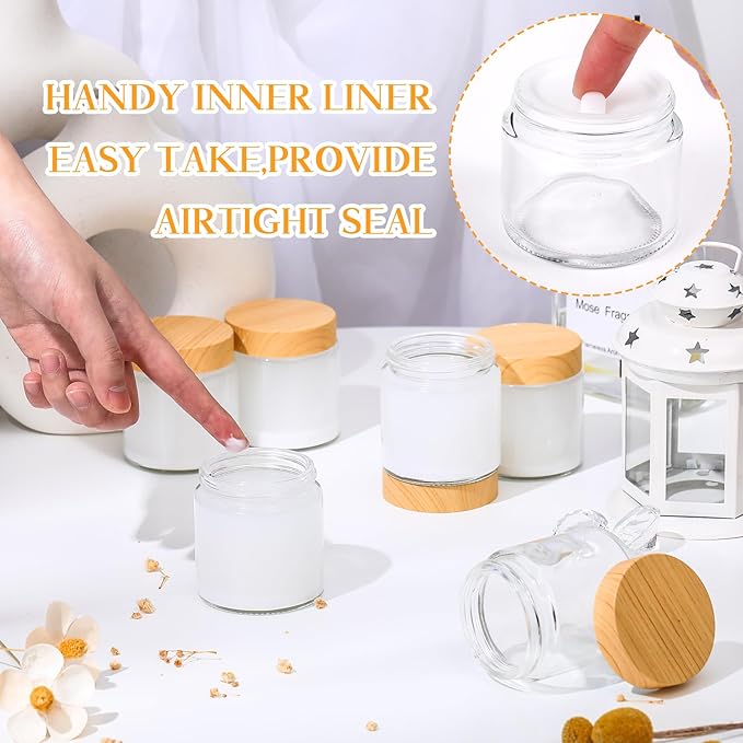 Norme 24 Pcs 4 oz Glass Jars with Lids, Empty Glass Containers with Woodgrain Lids & Inner Liners, Reusable for Storing Creams Lotions Cosmetic Powder Ointments Making (natural wood)